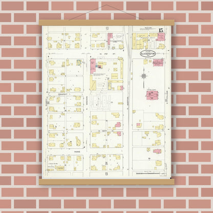 Old map wall art mockup — magnetic wood frame on brick wall — Sanborn Fire Insurance Map from Bloomington, Monroe County, Indiana (1913), Sheet #0015