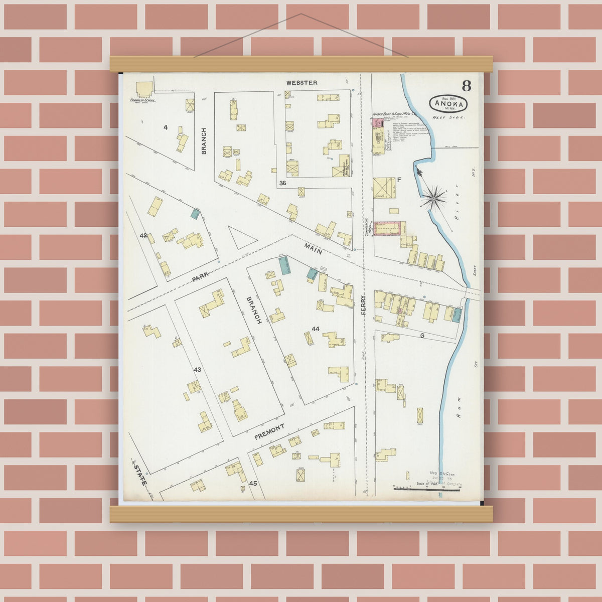 Old map wall art mockup — magnetic wood frame on brick wall — Sanborn Fire Insurance Map from Anoka, Anoka County, Minnesota (1891), Sheet #0008