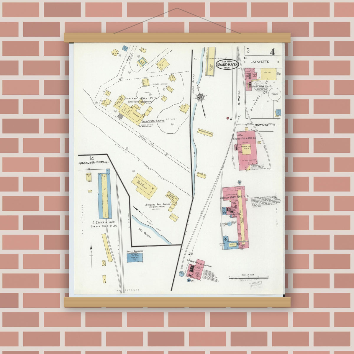 Old map wall art mockup — magnetic wood frame on brick wall — Sanborn Fire Insurance Map from Grand Haven, Ottawa County, Michigan (1920), Sheet #0004