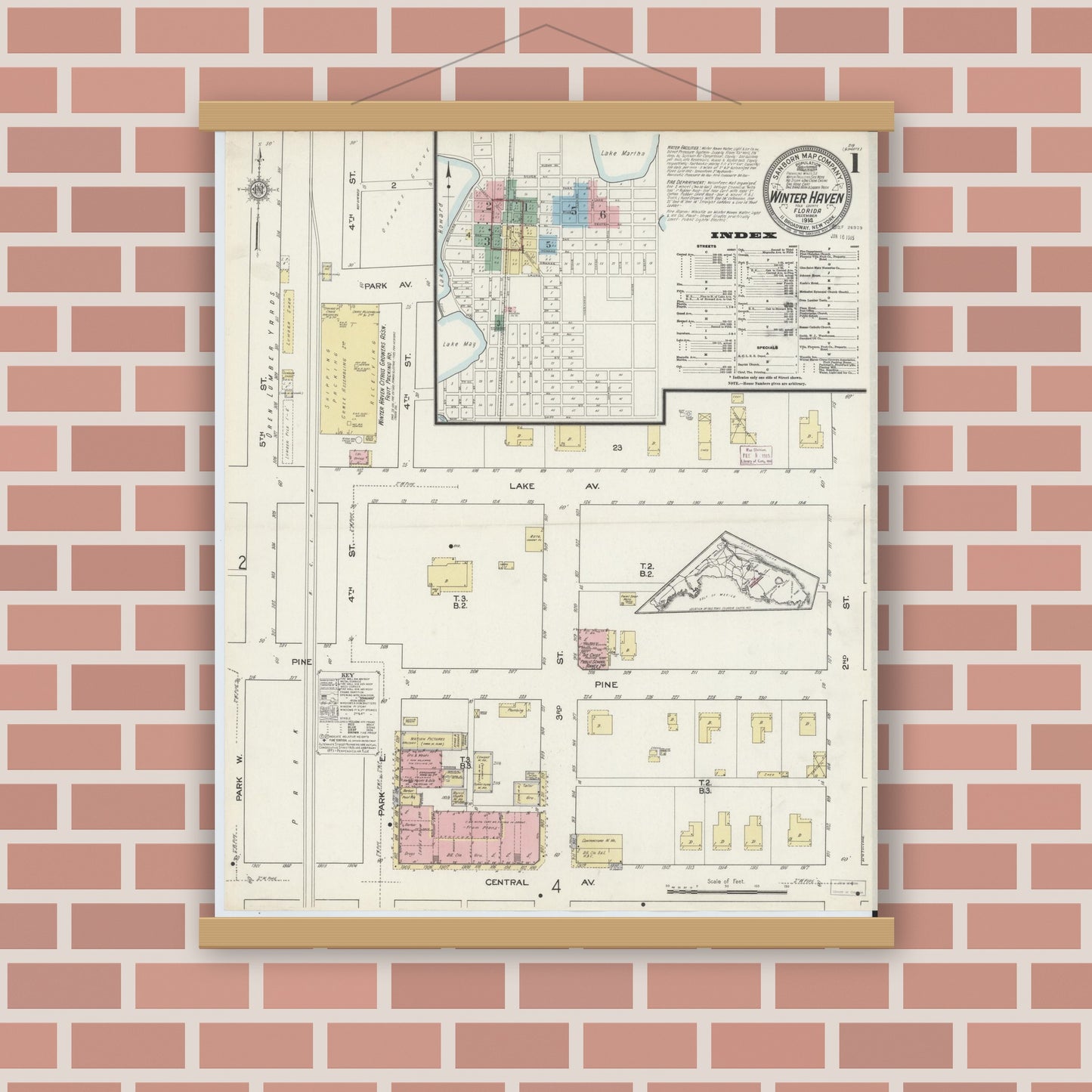 Old map wall art mockup — magnetic wood frame on brick wall — Sanborn Fire Insurance Map from Winter Haven, Polk County, Florida (1914) - Complete Map Set