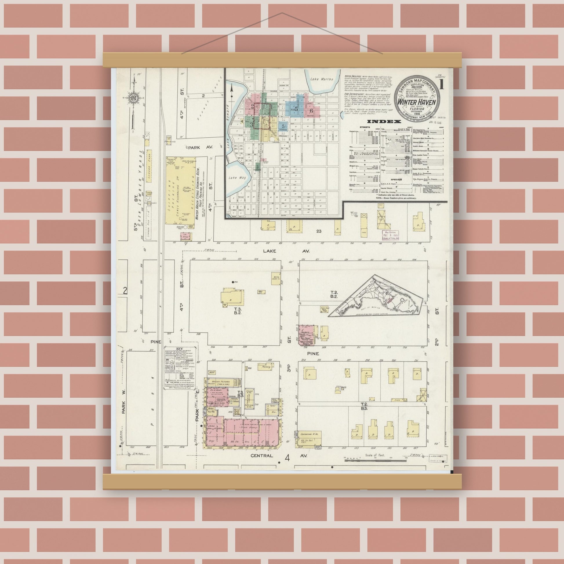 Old map wall art mockup — magnetic wood frame on brick wall — Sanborn Fire Insurance Map from Winter Haven, Polk County, Florida (1914) - Complete Map Set