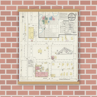 Old map wall art mockup — magnetic wood frame on brick wall — Sanborn Fire Insurance Map from Winter Haven, Polk County, Florida (1914) - Complete Map Set