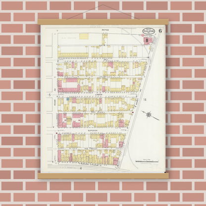 Old map wall art mockup — magnetic wood frame on brick wall — Sanborn Fire Insurance Map from Duquesne, Allegheny County, Pennsylvania (1917), Sheet #0006