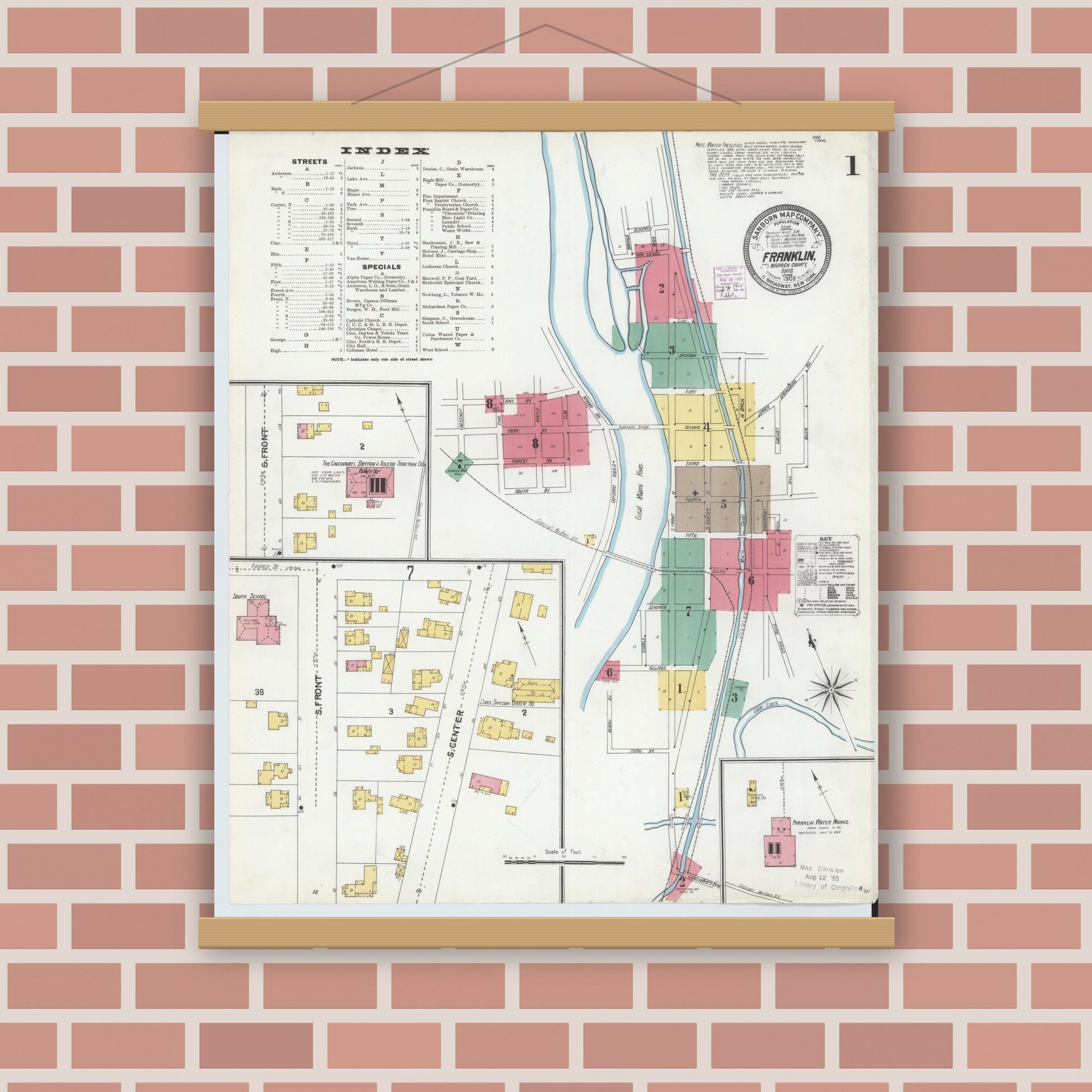 Old map wall art mockup — magnetic wood frame on brick wall — Sanborn Fire Insurance Map from Franklin, Warren County, Ohio (1905) - Complete Map Set