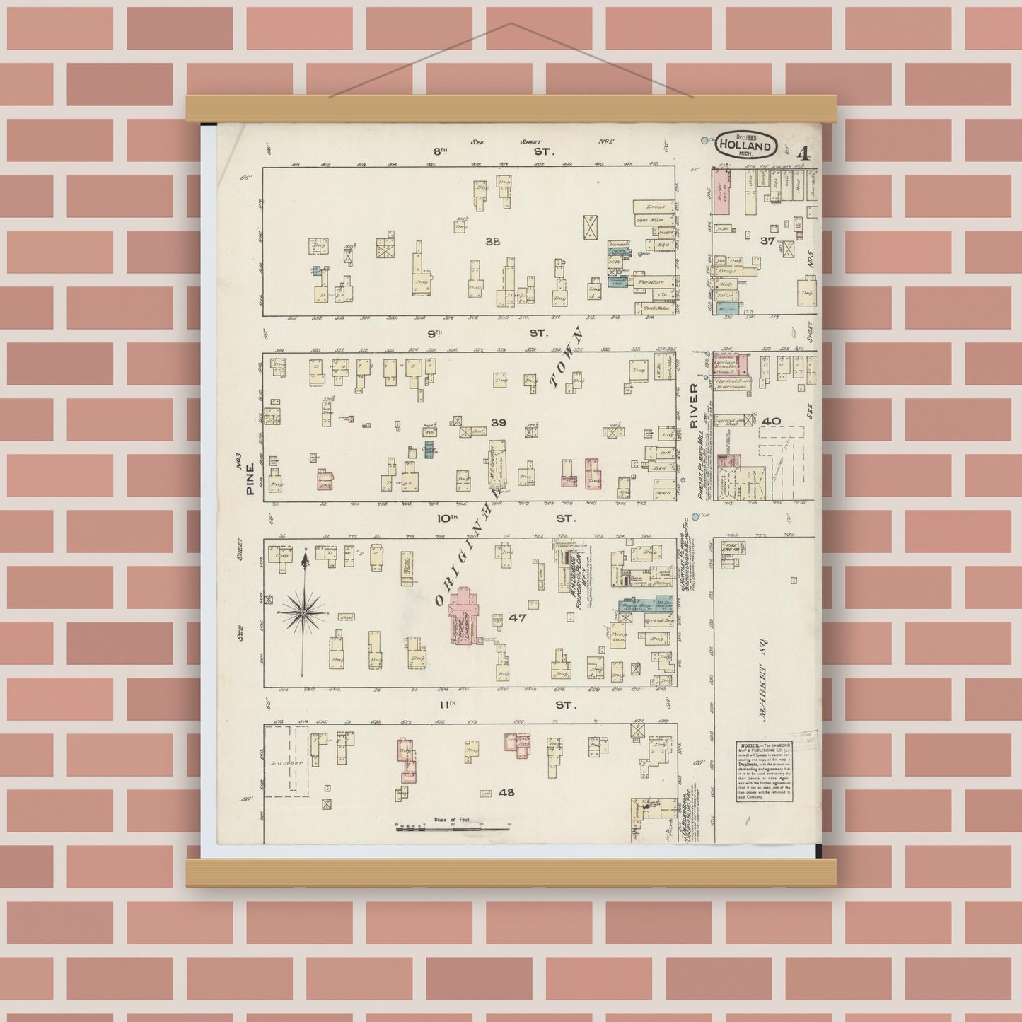 Old map wall art mockup — magnetic wood frame on brick wall — Sanborn Fire Insurance Map from Holland, Ottawa County, Michigan (1883), Sheet #0004