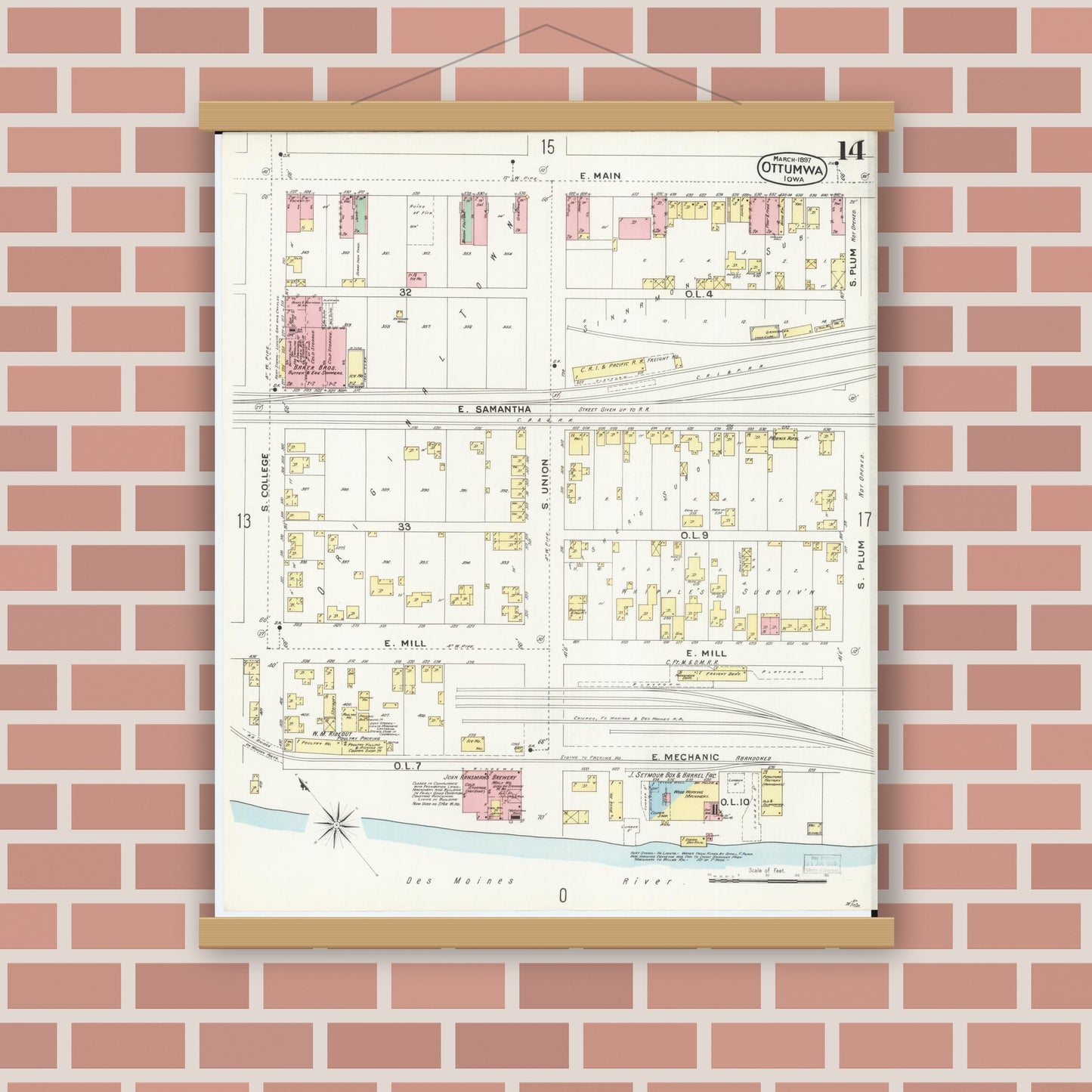 Old map wall art mockup — magnetic wood frame on brick wall — Sanborn Fire Insurance Map from Ottumwa, Wapello County, Iowa (1897), Sheet #0014