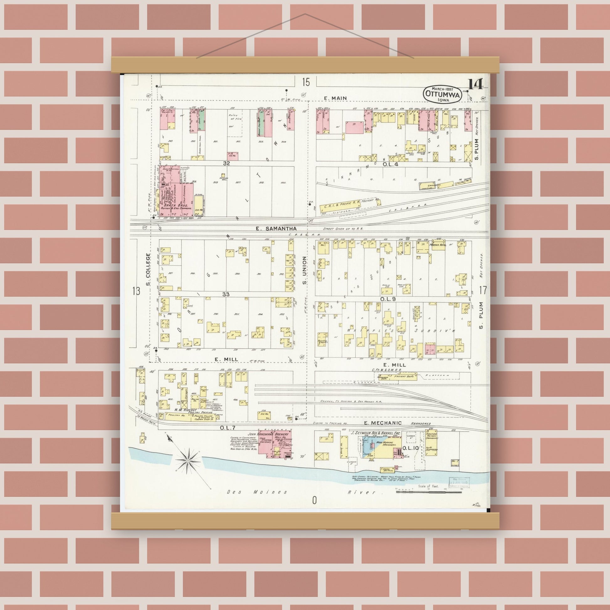 Old map wall art mockup — magnetic wood frame on brick wall — Sanborn Fire Insurance Map from Ottumwa, Wapello County, Iowa (1897), Sheet #0014