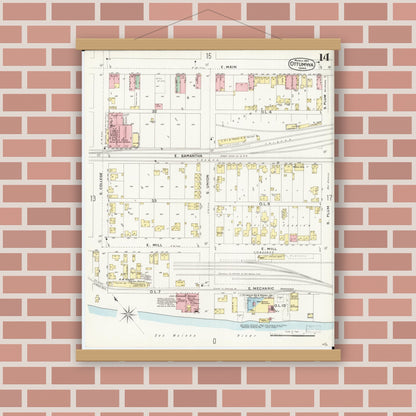 Old map wall art mockup — magnetic wood frame on brick wall — Sanborn Fire Insurance Map from Ottumwa, Wapello County, Iowa (1897), Sheet #0014