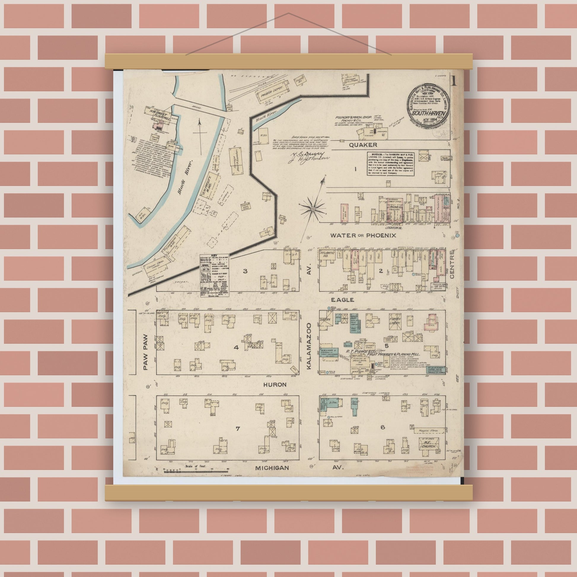 Old map wall art mockup — magnetic wood frame on brick wall — Sanborn Fire Insurance Map from South Haven, Van Buren County, Michigan (1884) - Complete Map Set
