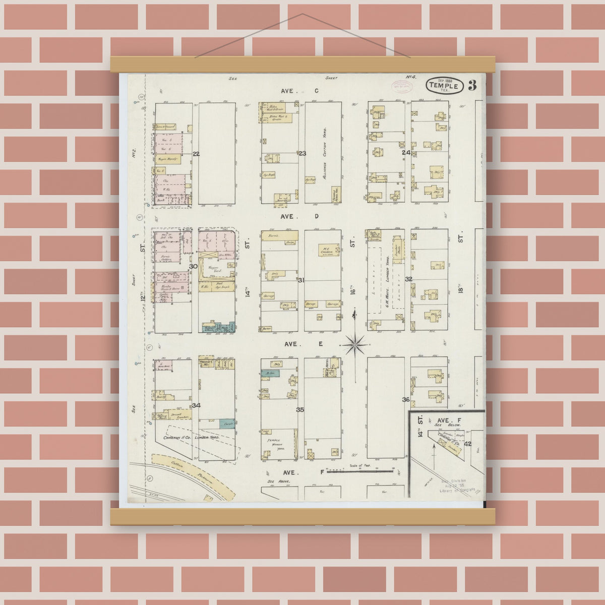 Old map wall art mockup — magnetic wood frame on brick wall — Sanborn Fire Insurance Map from Temple, Bell County, Texas (1888), Sheet #0003