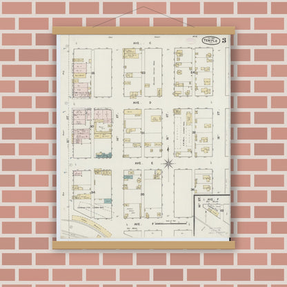 Old map wall art mockup — magnetic wood frame on brick wall — Sanborn Fire Insurance Map from Temple, Bell County, Texas (1888), Sheet #0003