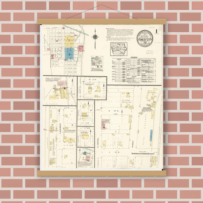 Old map wall art mockup — magnetic wood frame on brick wall — Sanborn Fire Insurance Map from Forest City, Winnebago County, Iowa (1913), Sheet #0001