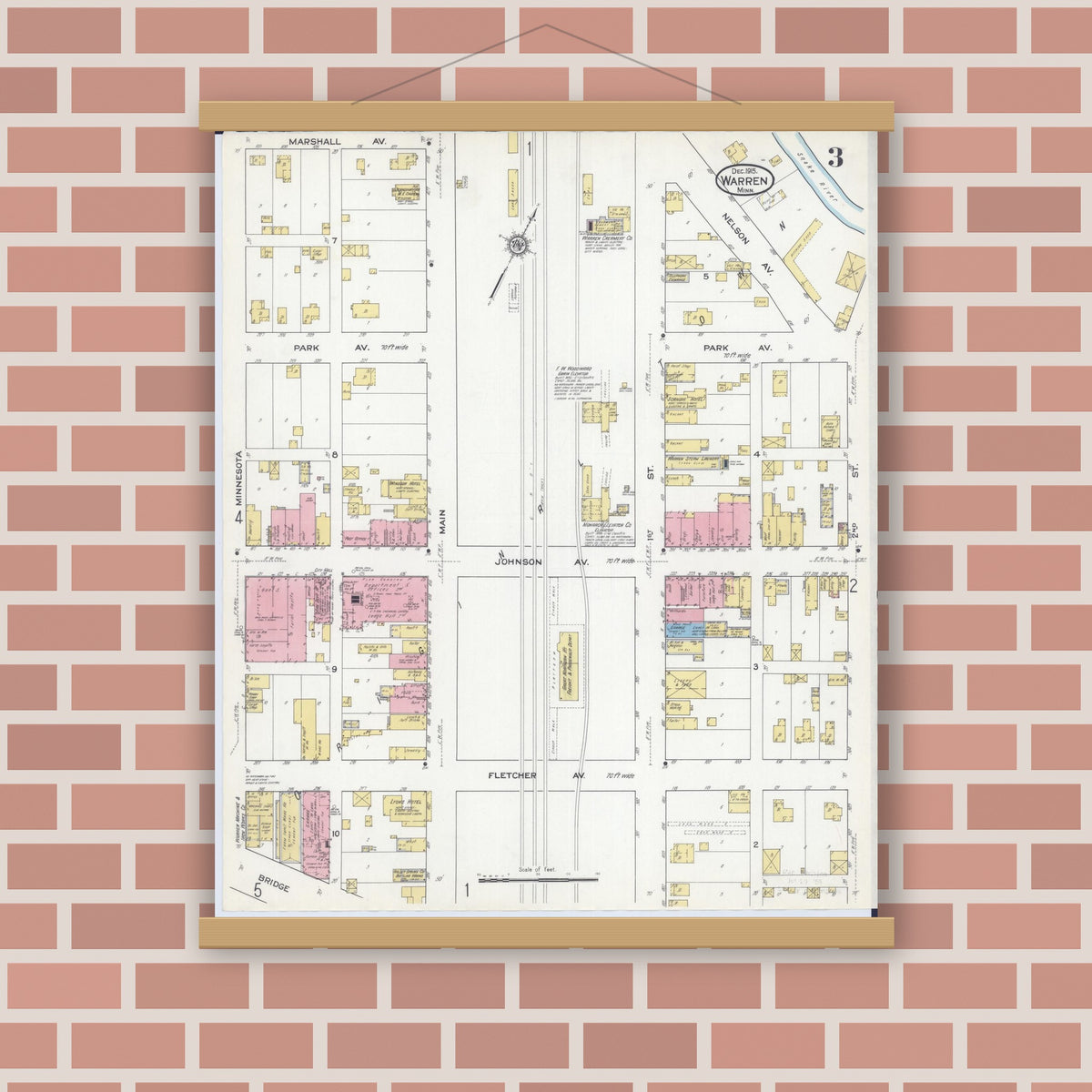Old map wall art mockup — magnetic wood frame on brick wall — Sanborn Fire Insurance Map from Warren, Marshall County, Minnesota (1915), Sheet #0003