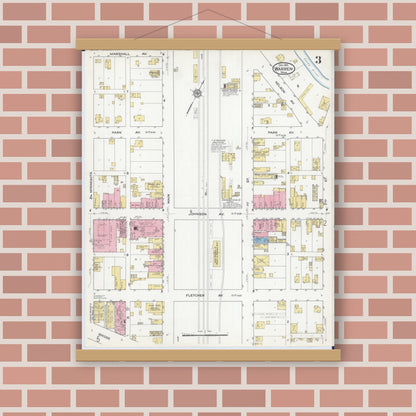 Old map wall art mockup — magnetic wood frame on brick wall — Sanborn Fire Insurance Map from Warren, Marshall County, Minnesota (1915), Sheet #0003