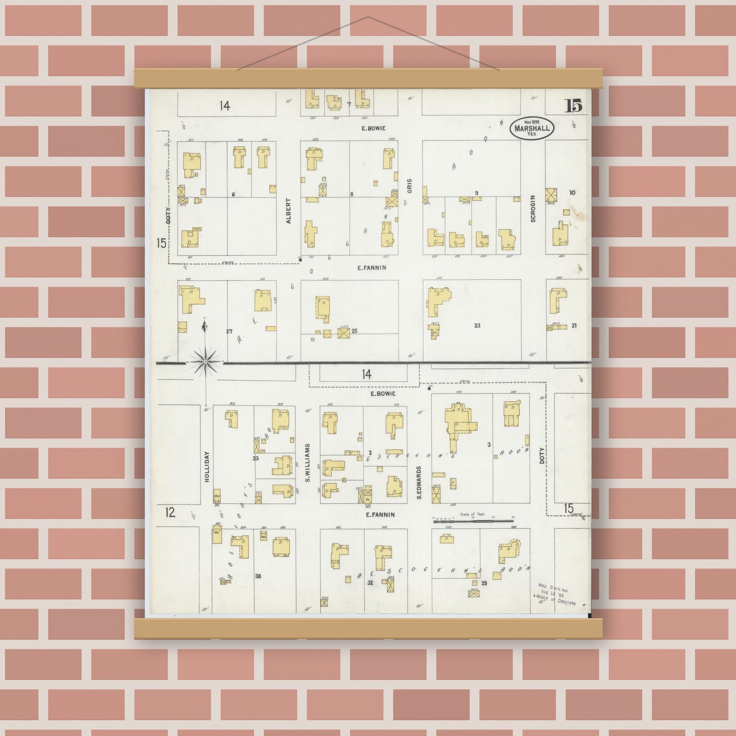 Old map wall art mockup — magnetic wood frame on brick wall — Sanborn Fire Insurance Map from Marshall, Harrison County, Texas (1899), Sheet #0015