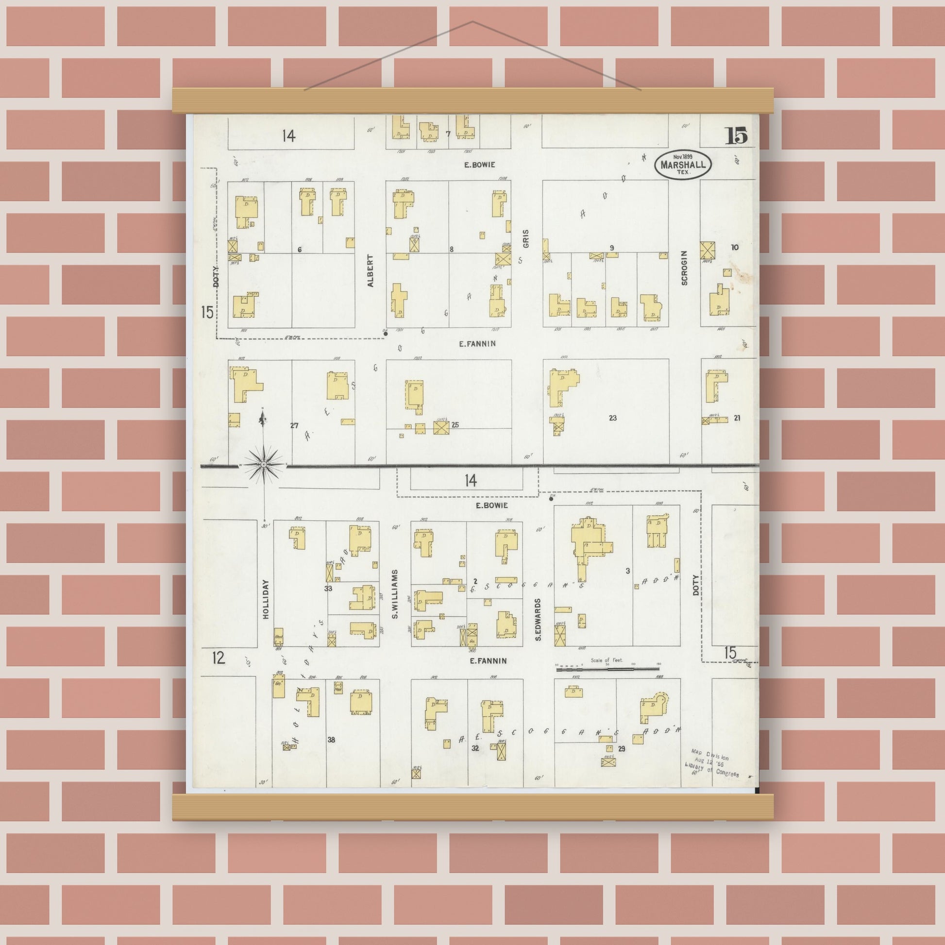 Old map wall art mockup — magnetic wood frame on brick wall — Sanborn Fire Insurance Map from Marshall, Harrison County, Texas (1899), Sheet #0015