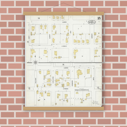 Old map wall art mockup — magnetic wood frame on brick wall — Sanborn Fire Insurance Map from Marshall, Harrison County, Texas (1899), Sheet #0015