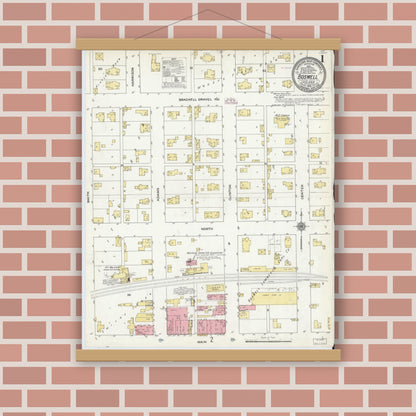 Old map wall art mockup — magnetic wood frame on brick wall — Sanborn Fire Insurance Map from Boswell, Benton County, Indiana (1910), Sheet #0001