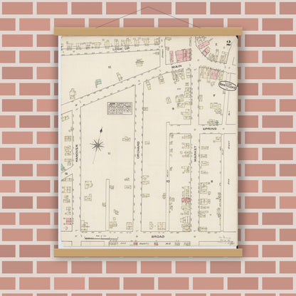 Old map wall art mockup — magnetic wood frame on brick wall — Sanborn Fire Insurance Map from Nanticoke, Luzerne County, Pennsylvania (1884), Sheet #0002