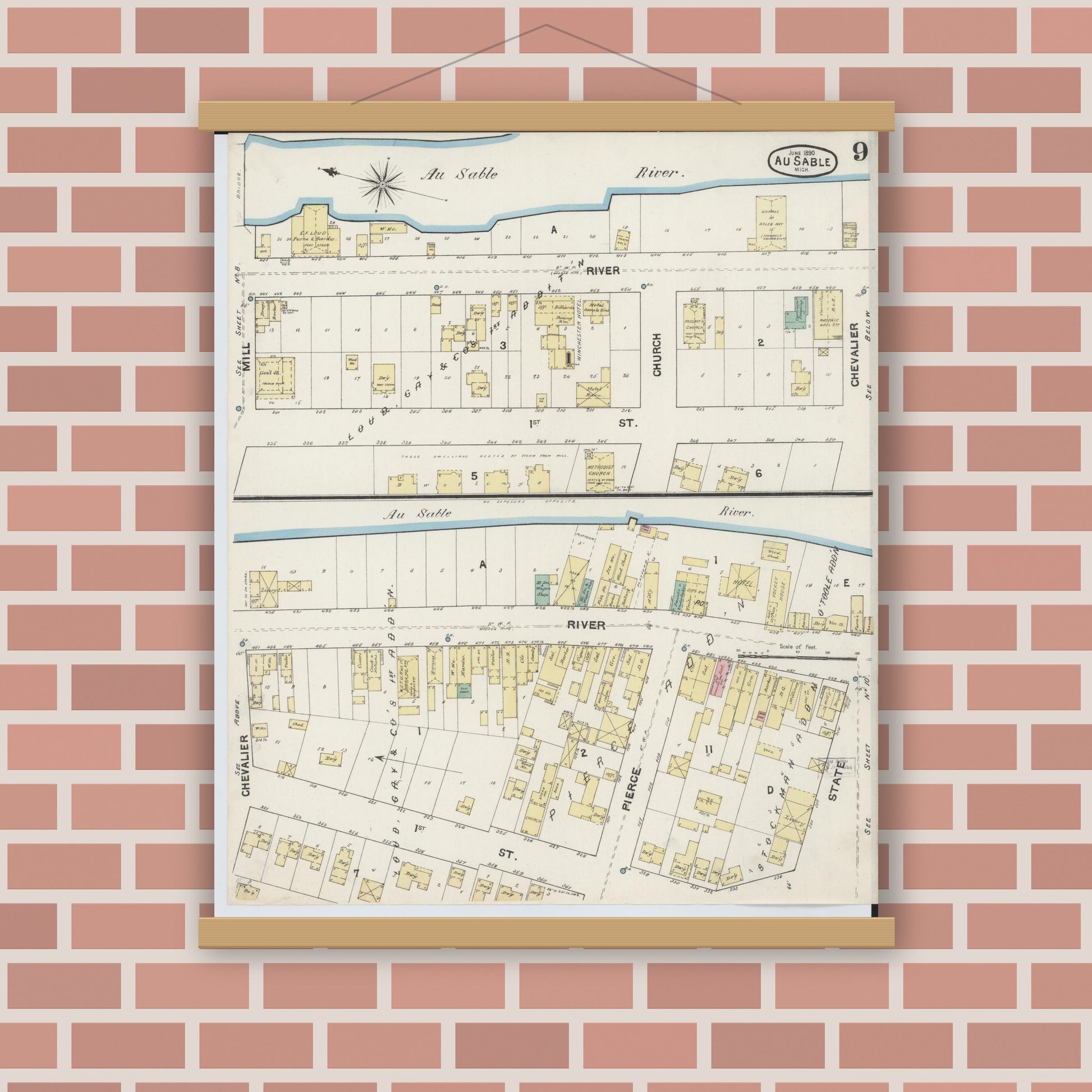 Old map wall art mockup — magnetic wood frame on brick wall — Sanborn Fire Insurance Map from Oscoda, Iosco County, Michigan (1890), Sheet #0009