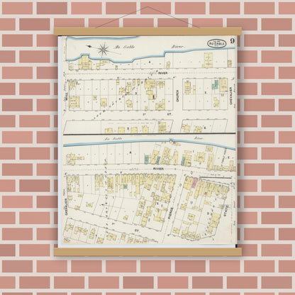 Old map wall art mockup — magnetic wood frame on brick wall — Sanborn Fire Insurance Map from Oscoda, Iosco County, Michigan (1890), Sheet #0009