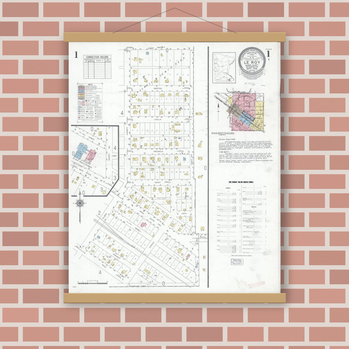 Old map wall art mockup — magnetic wood frame on brick wall — Sanborn Fire Insurance Map from Le Roy, Mower County, Minnesota (1948), Sheet #0001