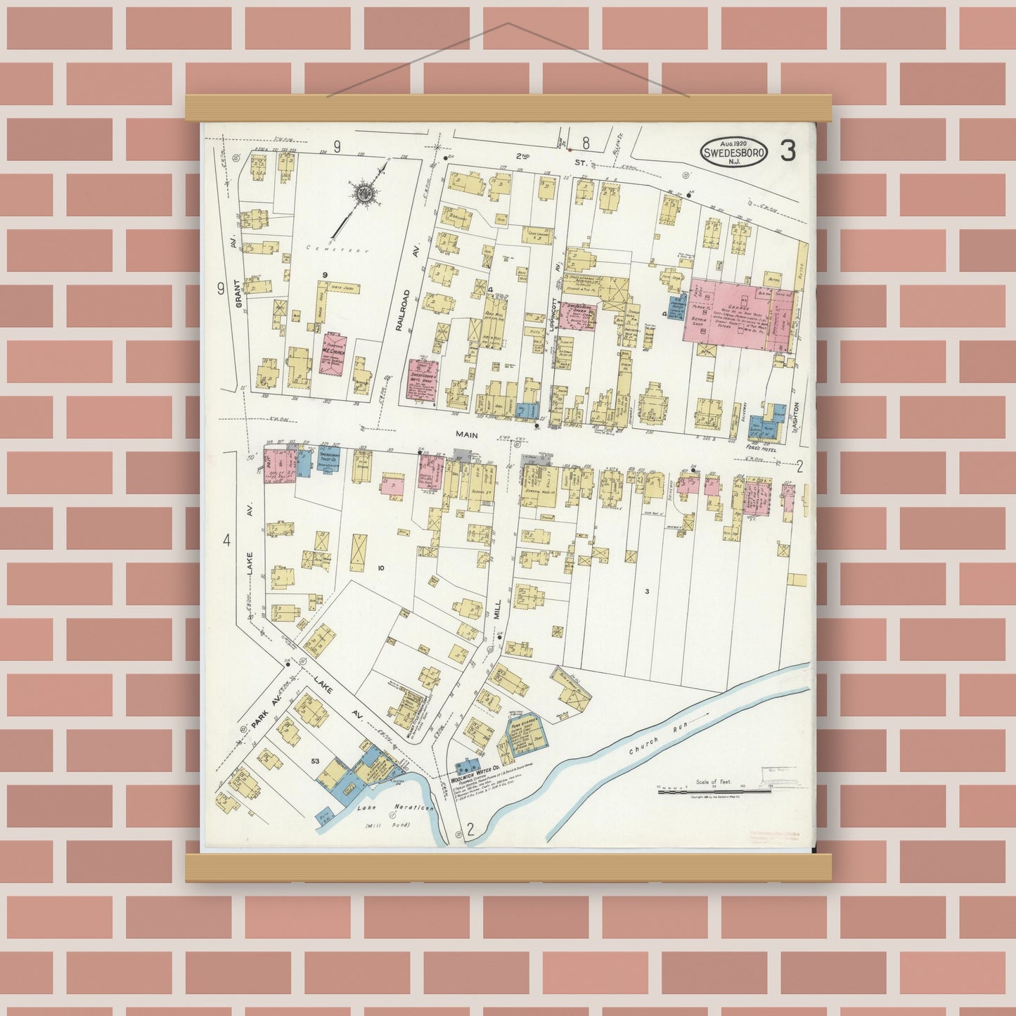 Old map wall art mockup — magnetic wood frame on brick wall — Sanborn Fire Insurance Map from Swedesboro, Gloucester County, New Jersey (1920), Sheet #0003