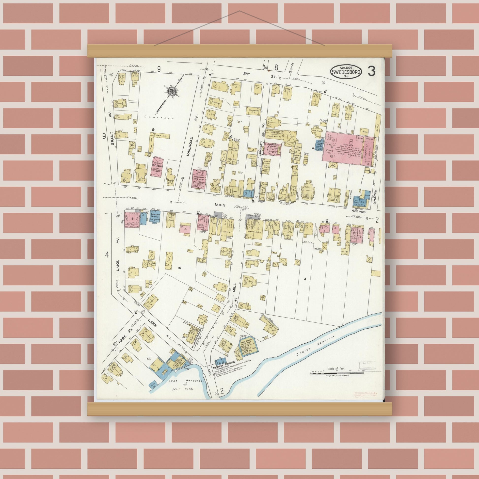 Old map wall art mockup — magnetic wood frame on brick wall — Sanborn Fire Insurance Map from Swedesboro, Gloucester County, New Jersey (1920), Sheet #0003