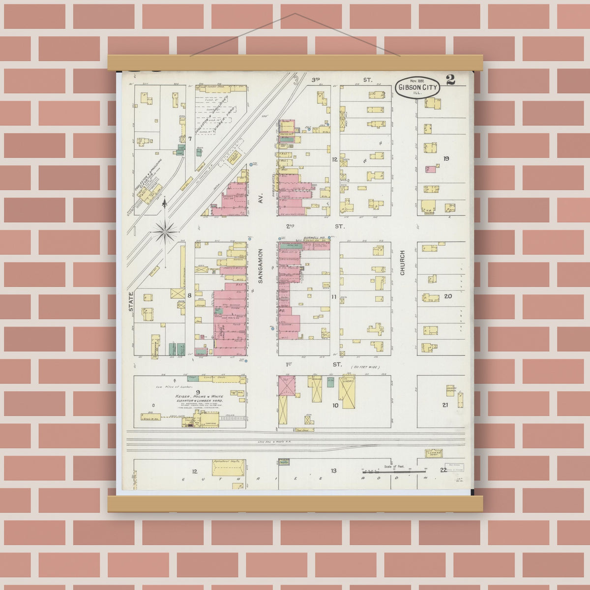 Old map wall art mockup — magnetic wood frame on brick wall — Sanborn Fire Insurance Map from Gibson City, Ford County, Illinois (1892), Sheet #0002