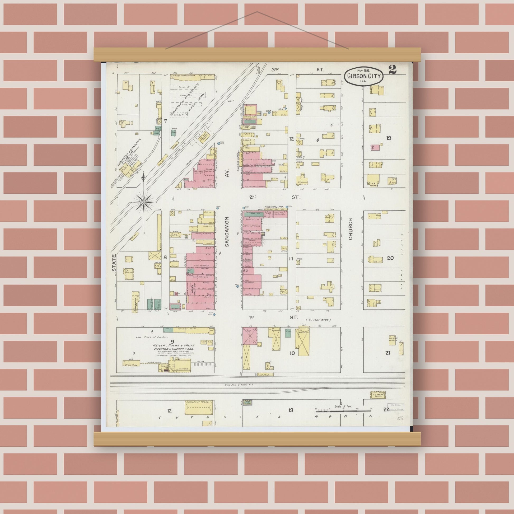 Old map wall art mockup — magnetic wood frame on brick wall — Sanborn Fire Insurance Map from Gibson City, Ford County, Illinois (1892), Sheet #0002