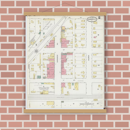 Old map wall art mockup — magnetic wood frame on brick wall — Sanborn Fire Insurance Map from Gibson City, Ford County, Illinois (1892), Sheet #0002