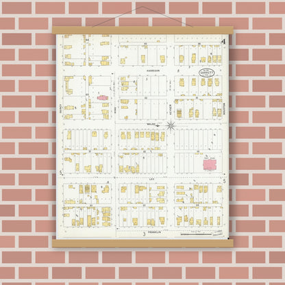 Old map wall art mockup — magnetic wood frame on brick wall — Sanborn Fire Insurance Map from Garrett, De Kalb County, Indiana (1901), Sheet #0004