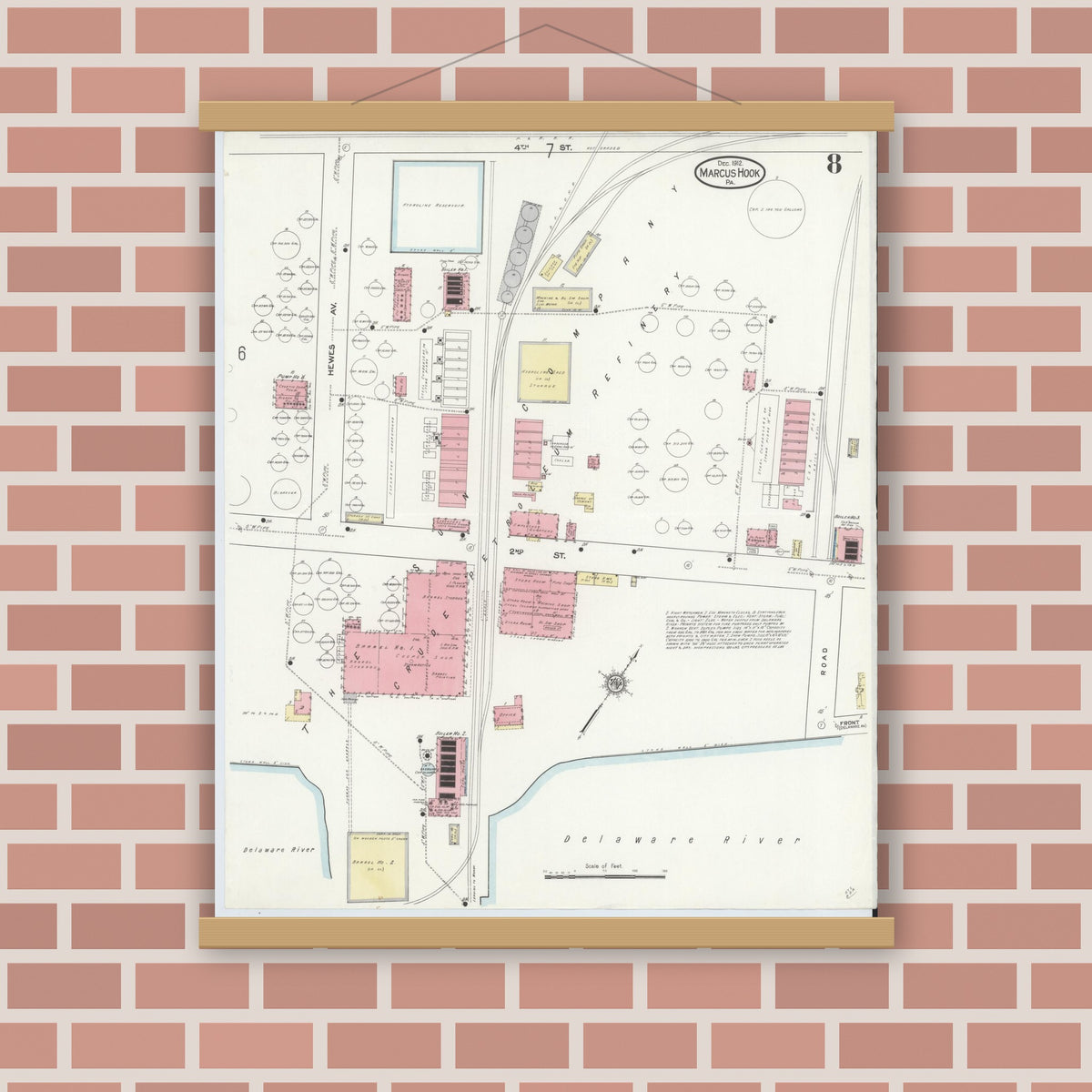 Old map wall art mockup — magnetic wood frame on brick wall — Sanborn Fire Insurance Map from Marcus Hook, Chester County, Pennsylvania (1912), Sheet #0008