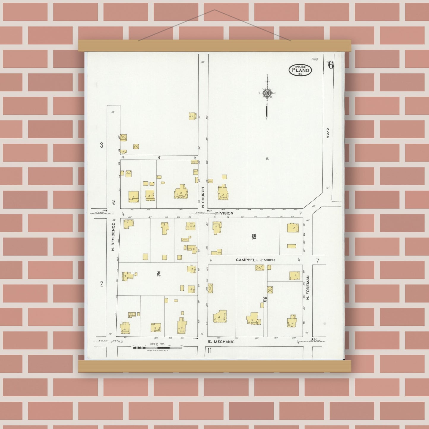 Old map wall art mockup — magnetic wood frame on brick wall — Sanborn Fire Insurance Map from Plano, Collin County, Texas (1921), Sheet #0006