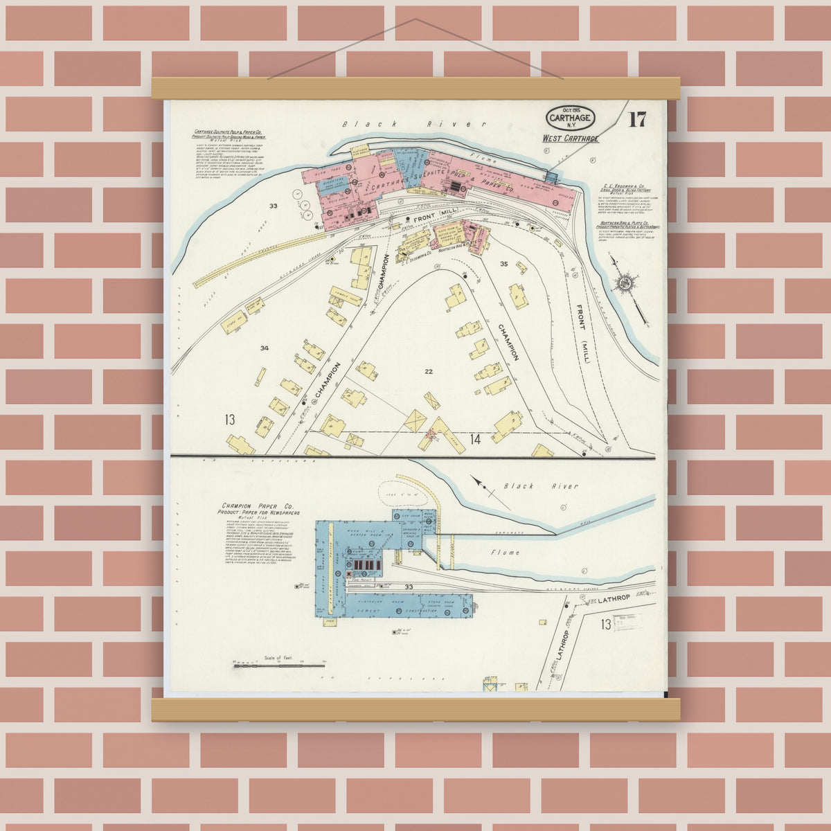 Old map wall art mockup — magnetic wood frame on brick wall — Sanborn Fire Insurance Map from Carthage, Jefferson County, New York (1915), Sheet #0017
