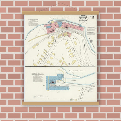 Old map wall art mockup — magnetic wood frame on brick wall — Sanborn Fire Insurance Map from Carthage, Jefferson County, New York (1915), Sheet #0017