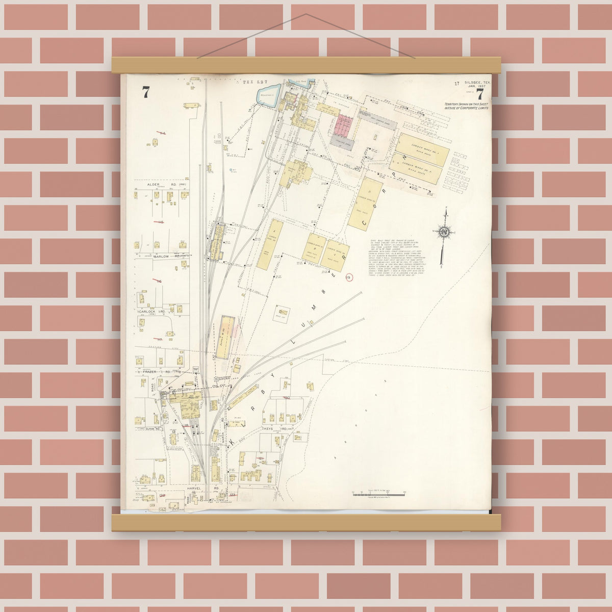 Old map wall art mockup — magnetic wood frame on brick wall — Sanborn Fire Insurance Map from Silsbee, Hardin County, Texas (1942), Sheet #0007