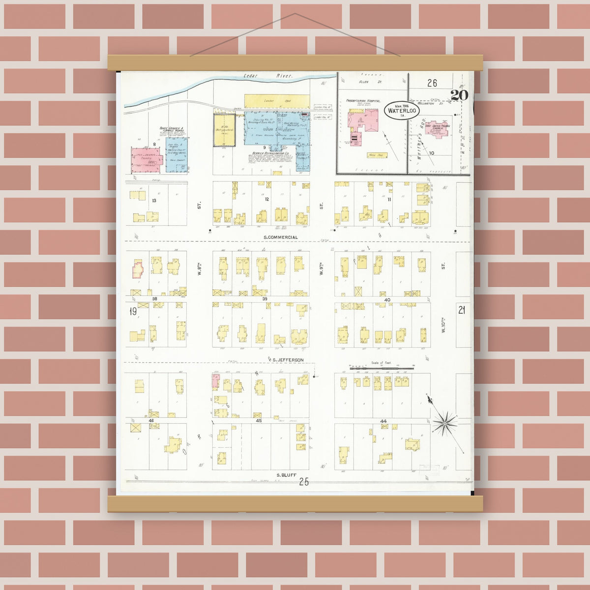 Old map wall art mockup — magnetic wood frame on brick wall — Sanborn Fire Insurance Map from Waterloo, Black Hawk County, Iowa (1906), Sheet #0020