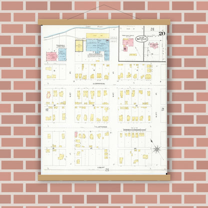 Old map wall art mockup — magnetic wood frame on brick wall — Sanborn Fire Insurance Map from Waterloo, Black Hawk County, Iowa (1906), Sheet #0020