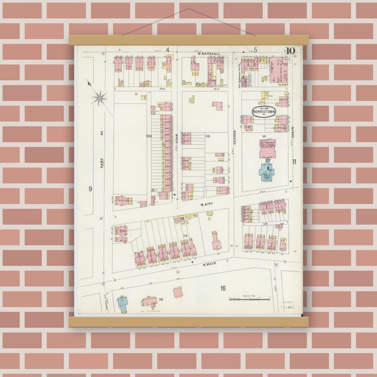 Old map wall art mockup — magnetic wood frame on brick wall — Sanborn Fire Insurance Map from Norristown, Montgomery County, Pennsylvania (1896), Sheet #0010