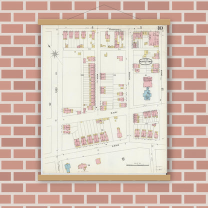Old map wall art mockup — magnetic wood frame on brick wall — Sanborn Fire Insurance Map from Norristown, Montgomery County, Pennsylvania (1896), Sheet #0010