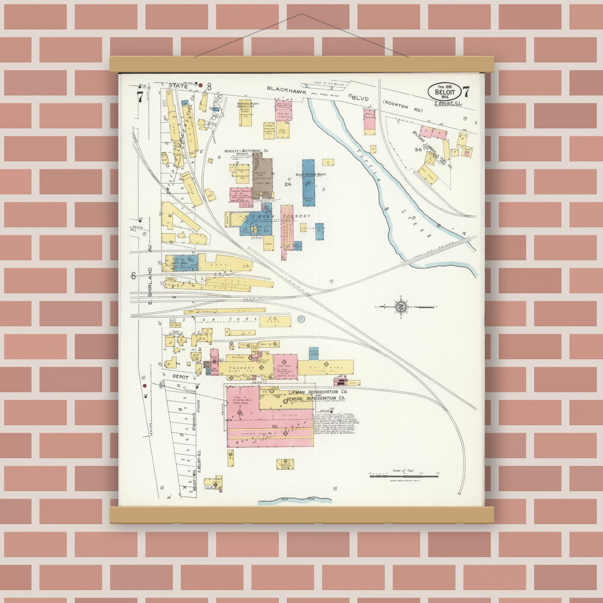 Old map wall art mockup — magnetic wood frame on brick wall — Sanborn Fire Insurance Map from Beloit, Rock County, Wisconsin (1926), Sheet #0007