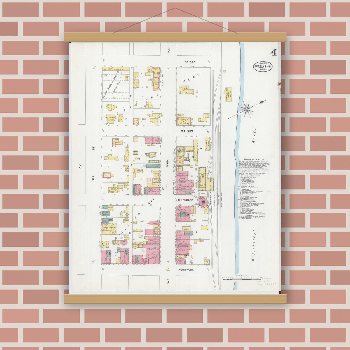 Old map wall art mockup — magnetic wood frame on brick wall — Sanborn Fire Insurance Map from Wabasha, Wabasha County, Minnesota (1902), Sheet #0004