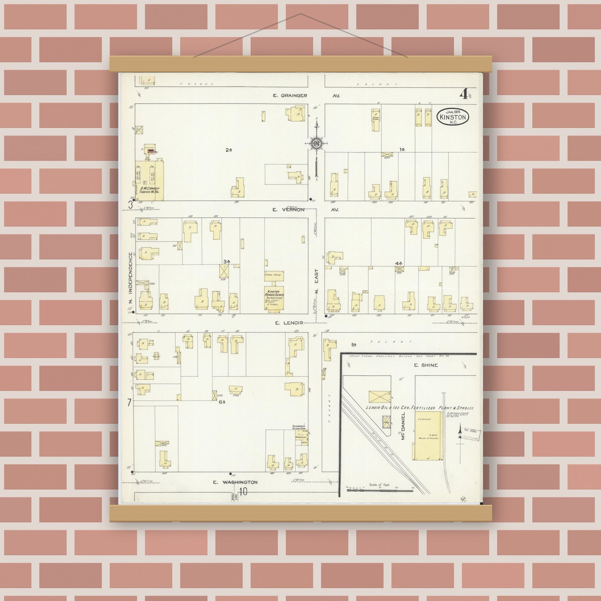 Old map wall art mockup — magnetic wood frame on brick wall — Sanborn Fire Insurance Map from Kinston, Lenoir County, North Carolina (1914), Sheet #0004