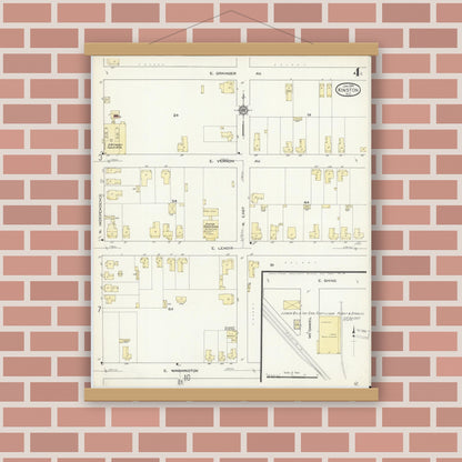 Old map wall art mockup — magnetic wood frame on brick wall — Sanborn Fire Insurance Map from Kinston, Lenoir County, North Carolina (1914), Sheet #0004