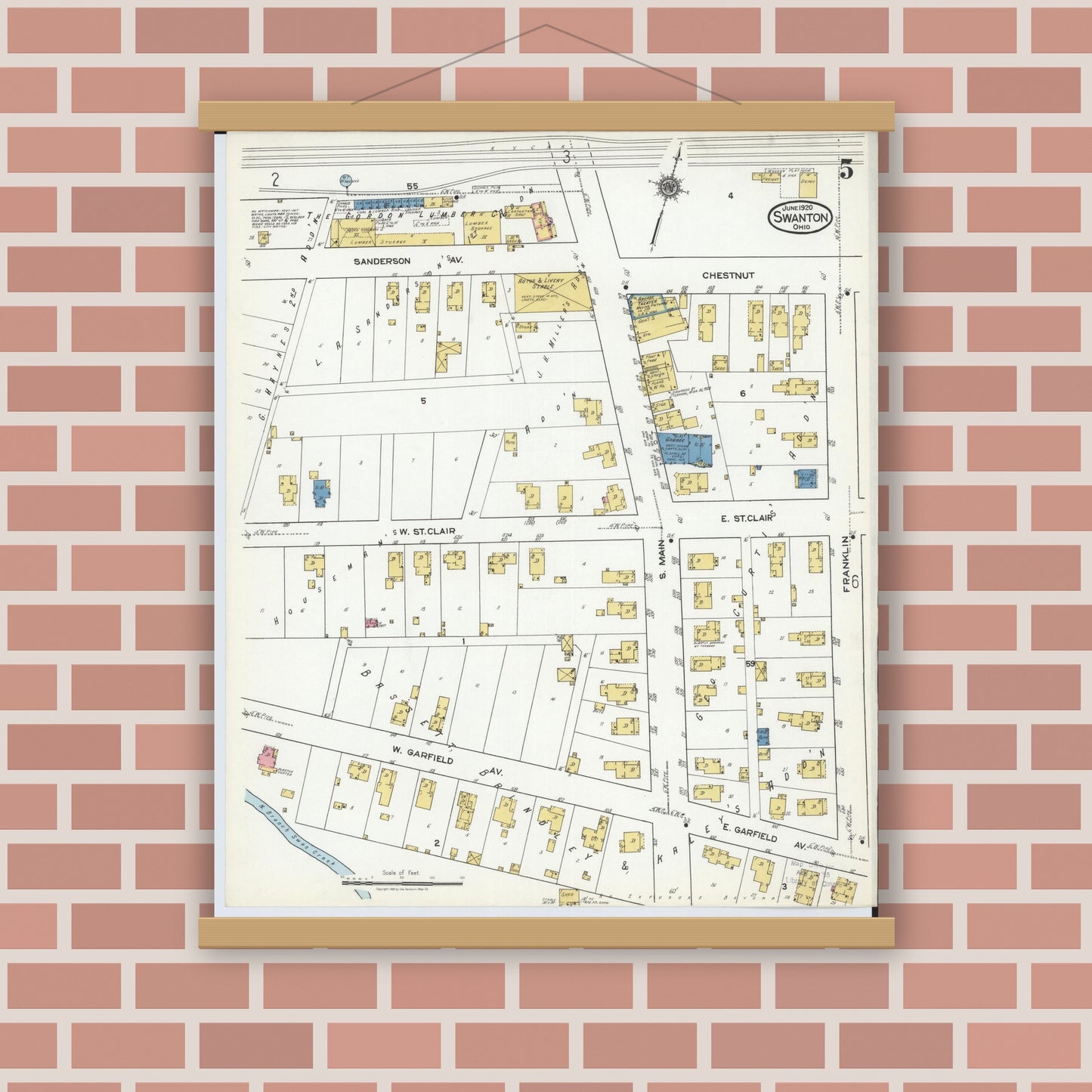 Old map wall art mockup — magnetic wood frame on brick wall — Sanborn Fire Insurance Map from Swanton, Fulton County, Ohio (1920), Sheet #0005