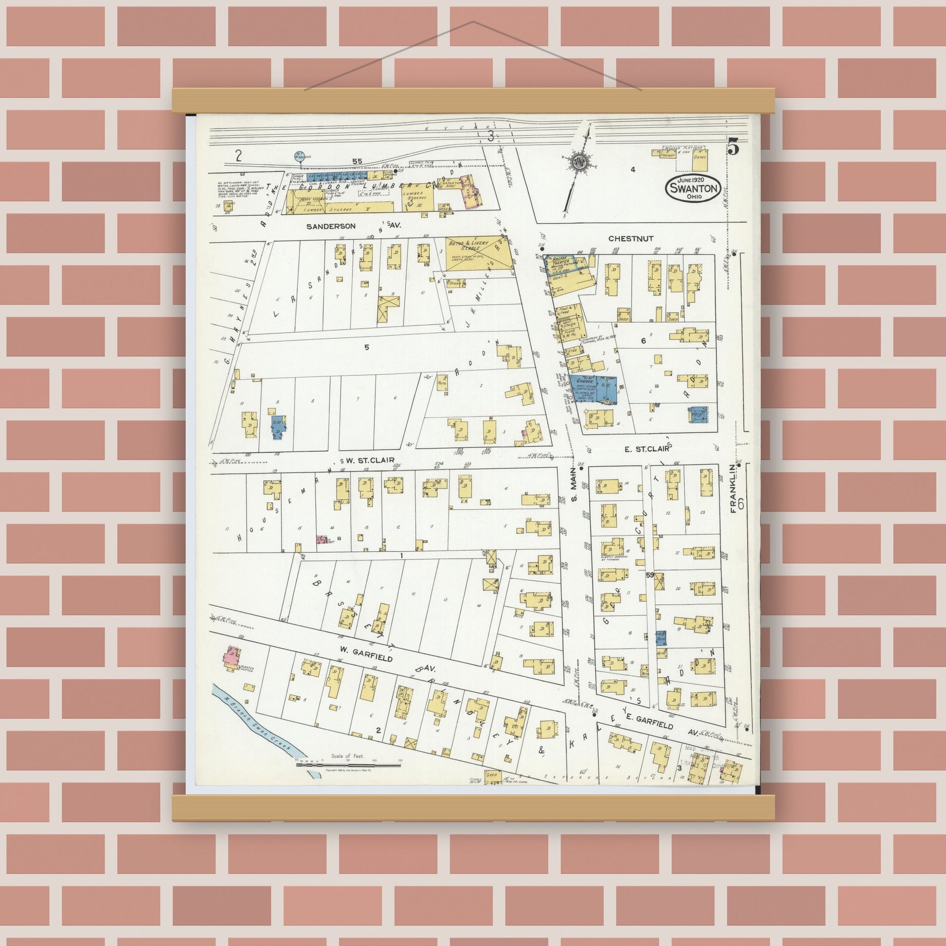 Old map wall art mockup — magnetic wood frame on brick wall — Sanborn Fire Insurance Map from Swanton, Fulton County, Ohio (1920), Sheet #0005