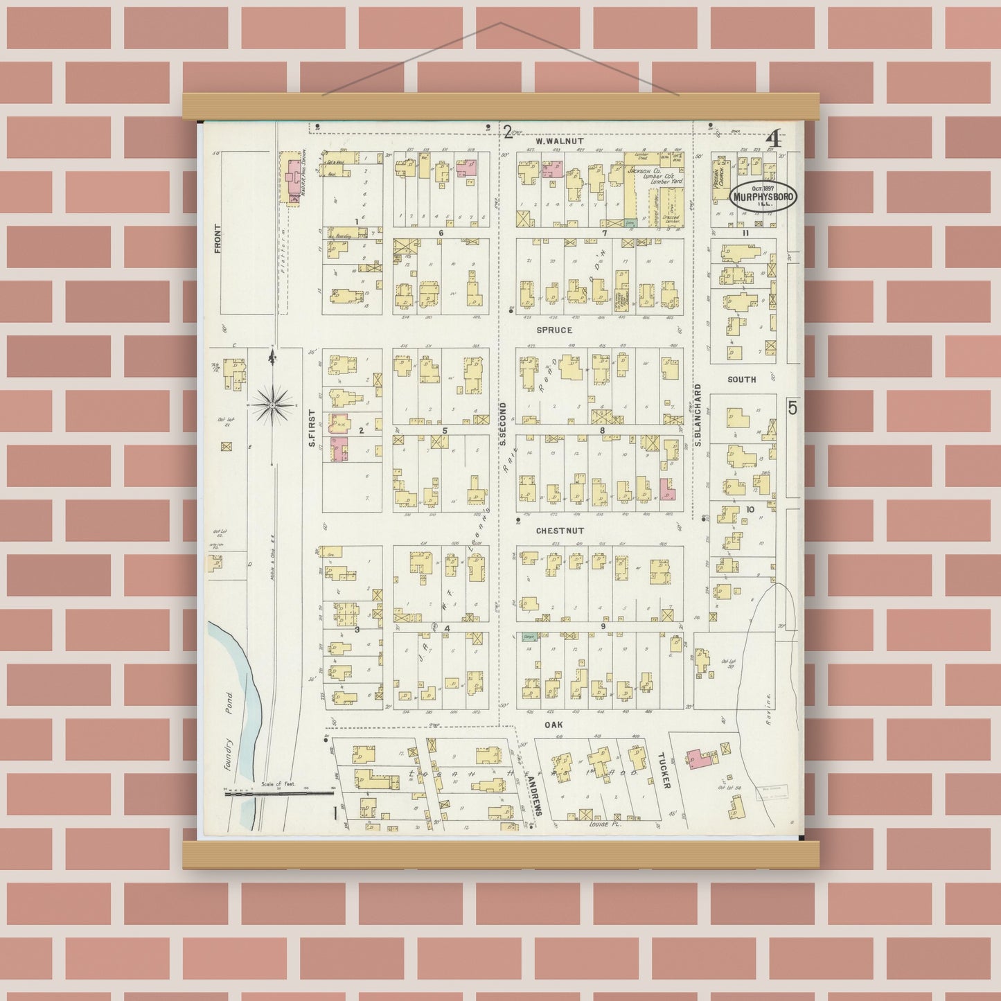 Old map wall art mockup — magnetic wood frame on brick wall — Sanborn Fire Insurance Map from Murphysboro, Jackson County, Illinois (1897), Sheet #0004