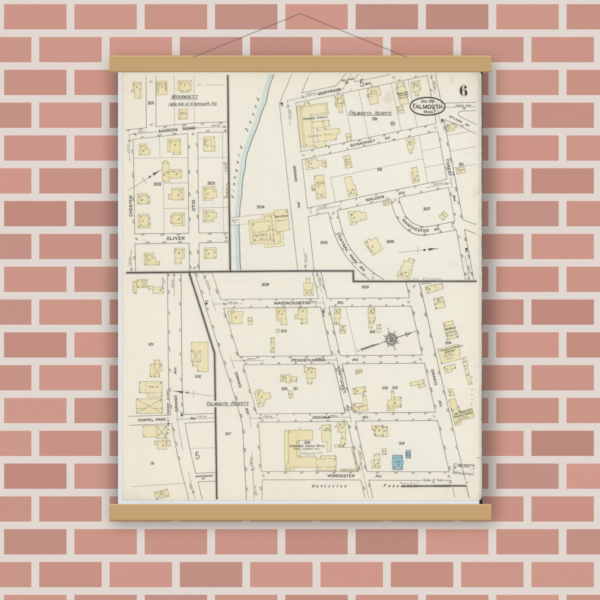 Old map wall art mockup — magnetic wood frame on brick wall — Sanborn Fire Insurance Map from Falmouth, Barnstable County, Massachusetts (1914), Sheet #0006