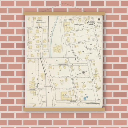 Old map wall art mockup — magnetic wood frame on brick wall — Sanborn Fire Insurance Map from Falmouth, Barnstable County, Massachusetts (1914), Sheet #0006